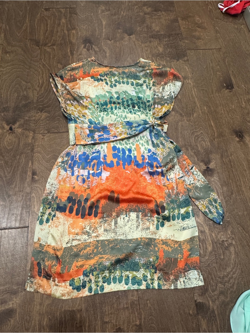 Collective Concepts Abstract Tie-Waist Midi Dress in Orange, Green & Blue